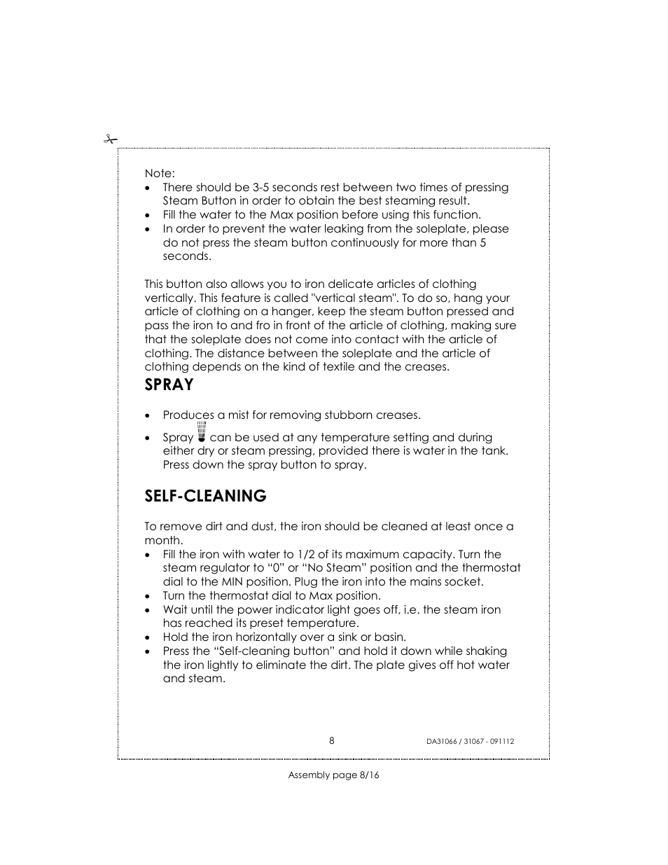 Spray, Self-cleaning | Kalorik USK DA 31066 User Manual | Page 8 / 16