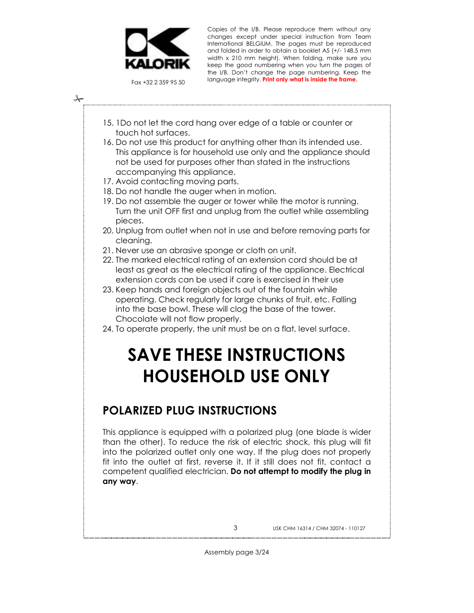 Save these instructions household use only, Polarized plug instructions | Kalorik CHM 32074 User Manual | Page 3 / 24