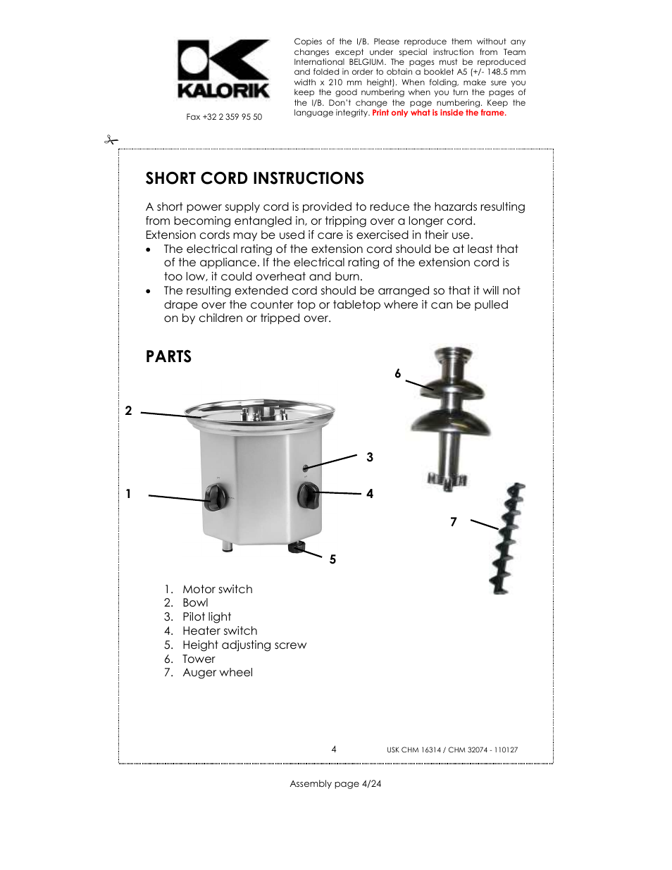 Short cord instructions, Parts | Kalorik CHM 32074 User Manual | Page 4 / 24
