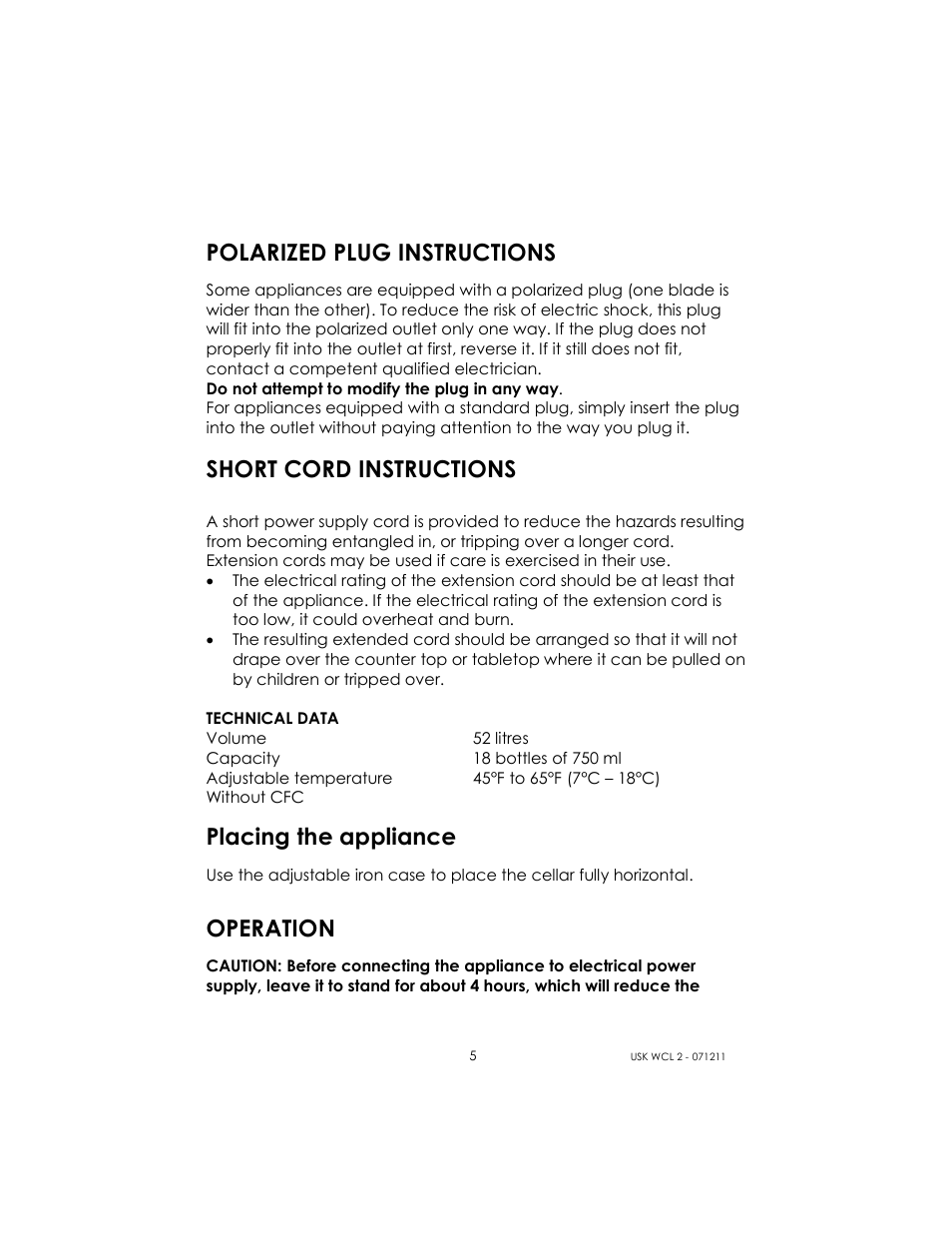 Polarized plug instructions, Short cord instructions, Placing the appliance | Operation | Kalorik USK WCL 2 User Manual | Page 5 / 6