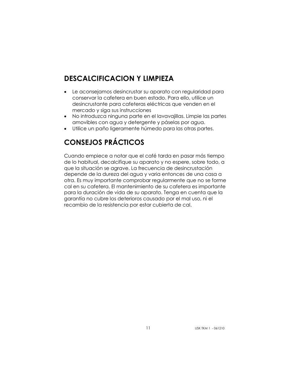 Descalcificacion y limpieza, Consejos prácticos | Kalorik USK TKM 1 User Manual | Page 11 / 24
