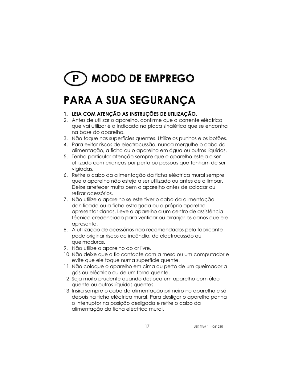 Para a sua segurança | Kalorik USK TKM 1 User Manual | Page 17 / 24