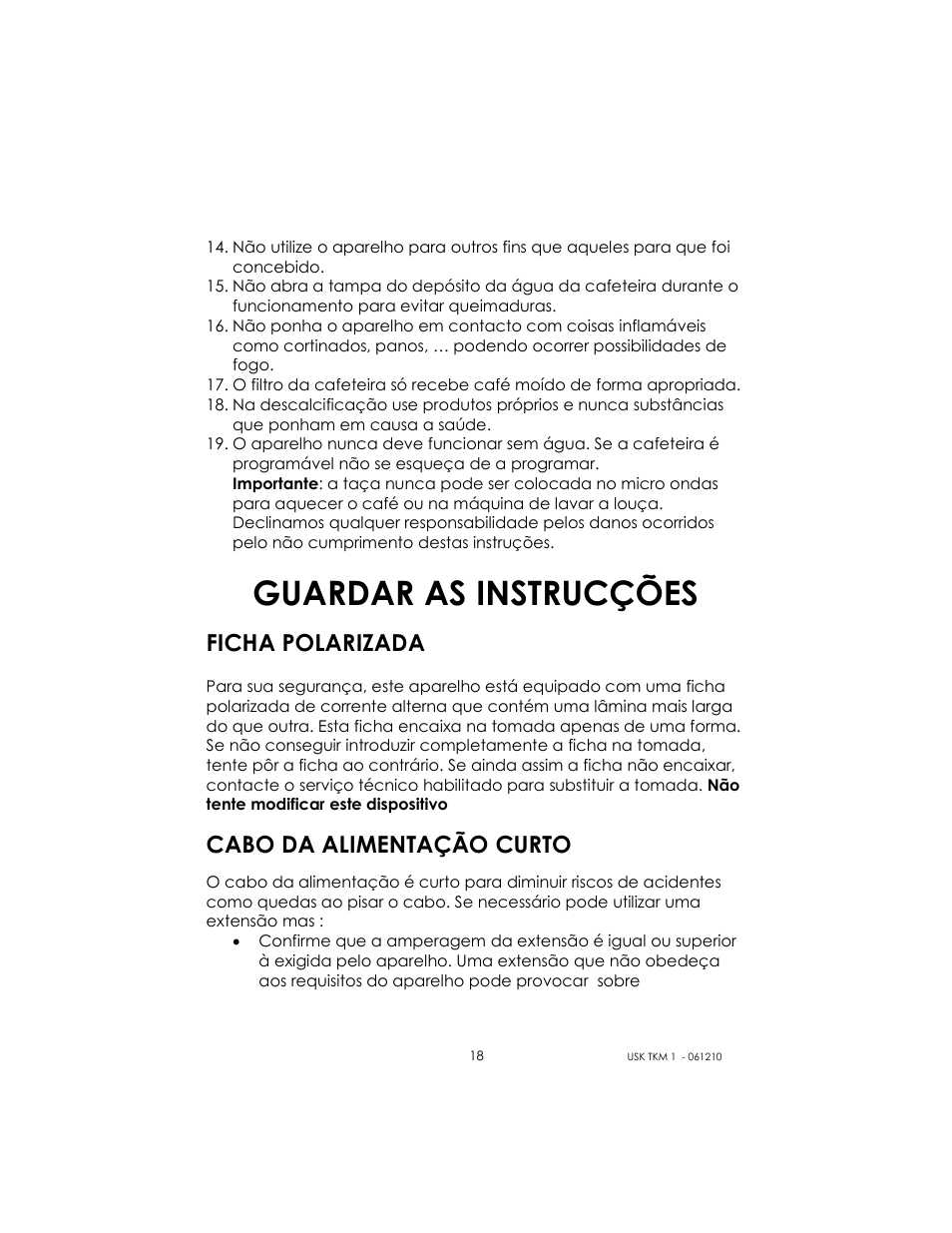 Guardar as instrucções, Ficha polarizada, Cabo da alimentação curto | Kalorik USK TKM 1 User Manual | Page 18 / 24