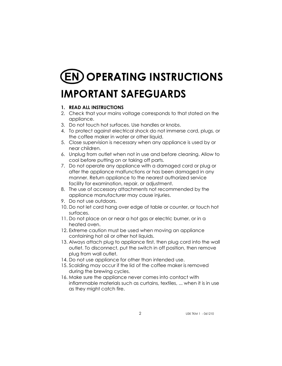 Important safeguards | Kalorik USK TKM 1 User Manual | Page 2 / 24