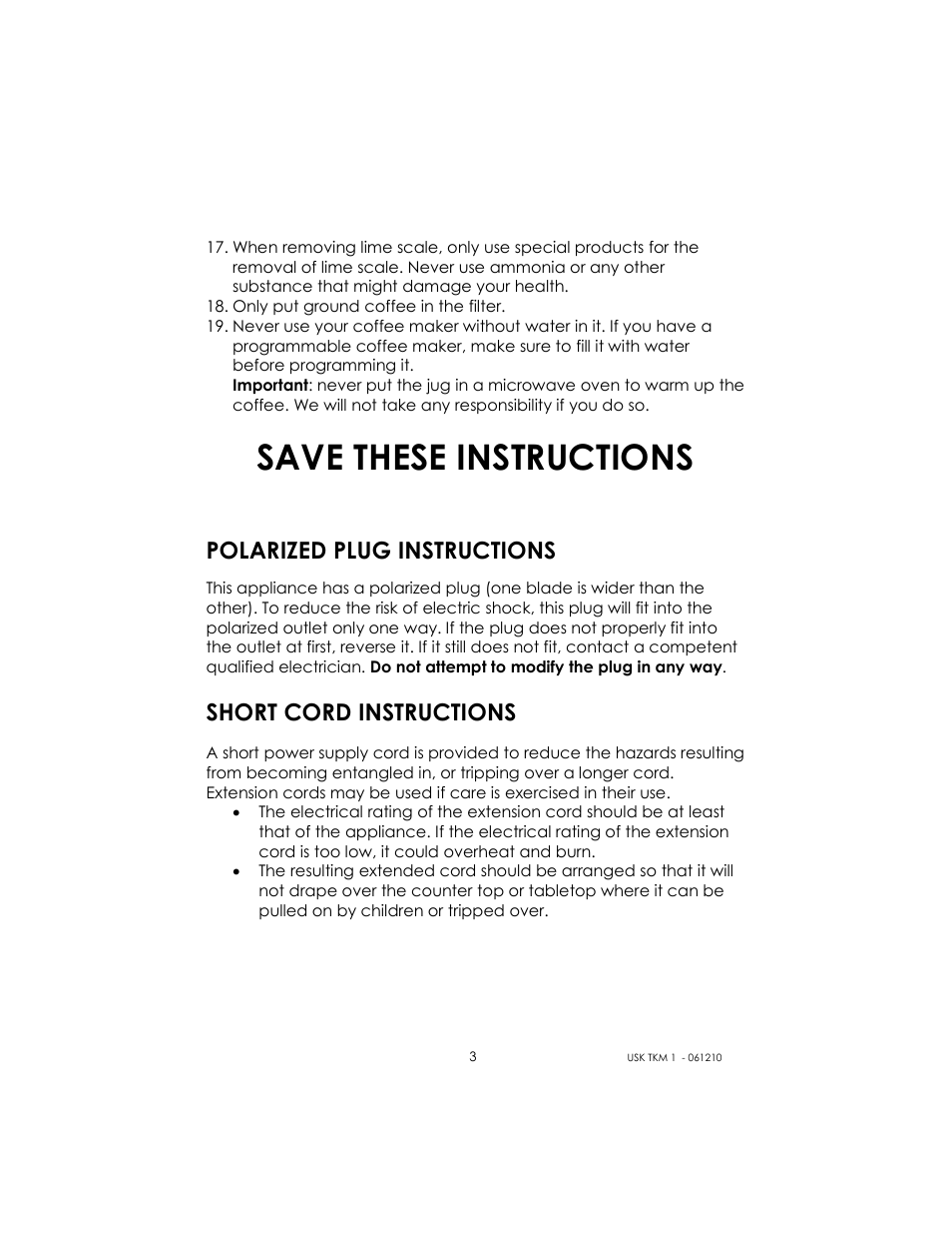 Save these instructions, Polarized plug instructions, Short cord instructions | Kalorik USK TKM 1 User Manual | Page 3 / 24