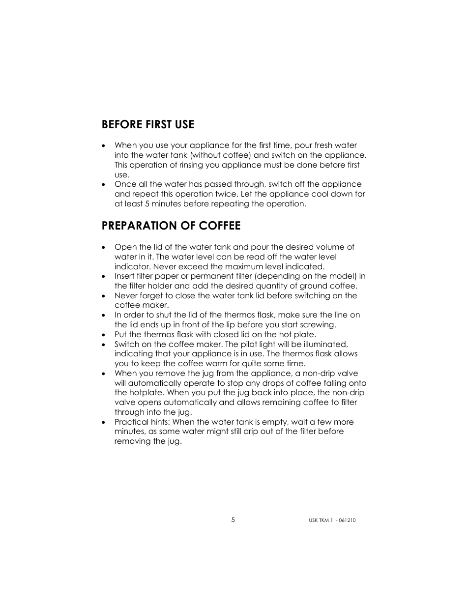 Before first use, Preparation of coffee | Kalorik USK TKM 1 User Manual | Page 5 / 24