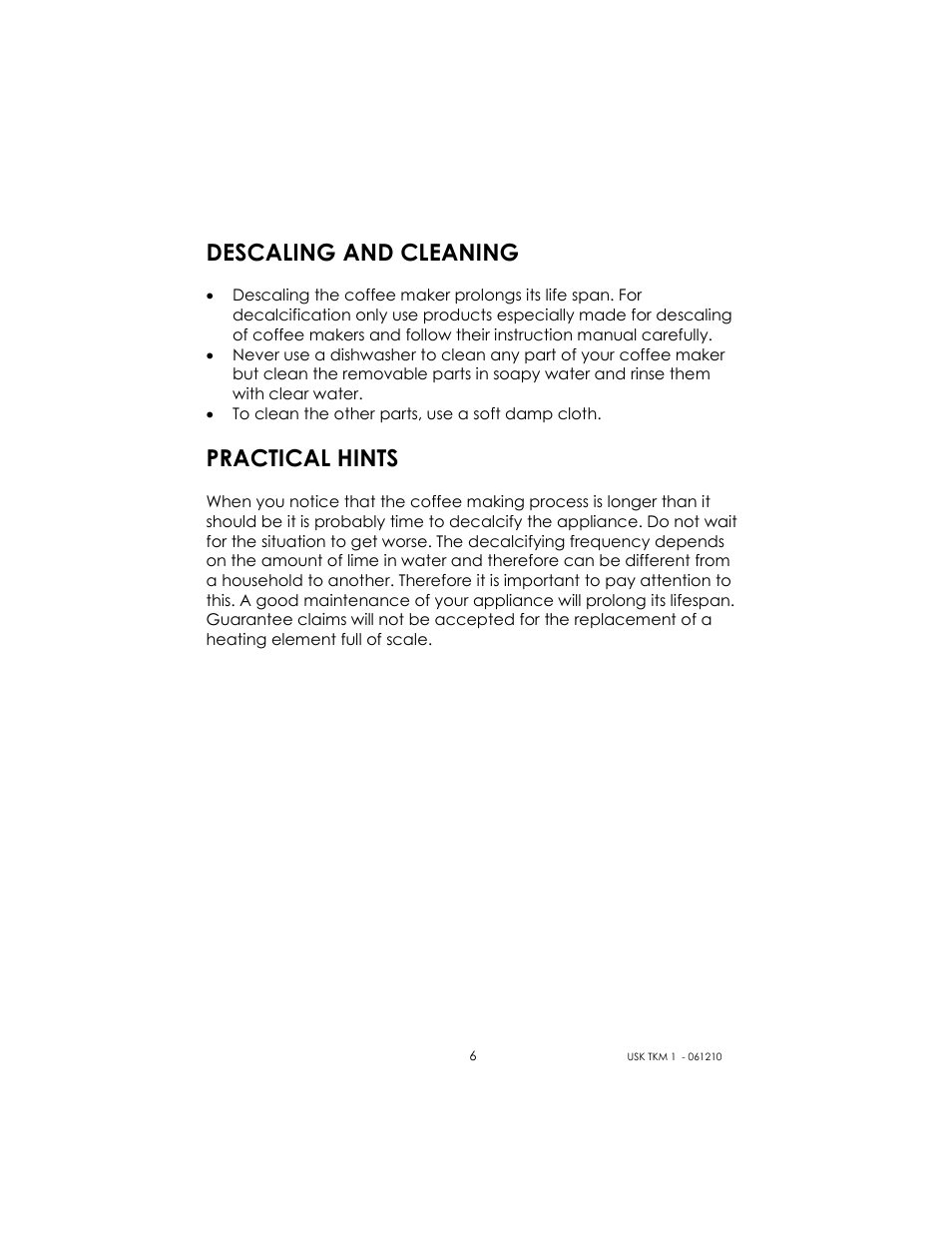 Descaling and cleaning, Practical hints | Kalorik USK TKM 1 User Manual | Page 6 / 24
