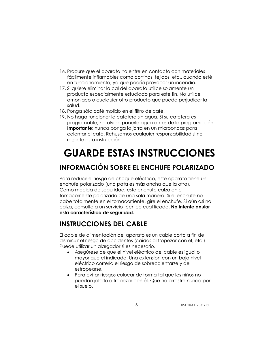Guarde estas instrucciones, Información sobre el enchufe polarizado, Instrucciones del cable | Kalorik USK TKM 1 User Manual | Page 8 / 24