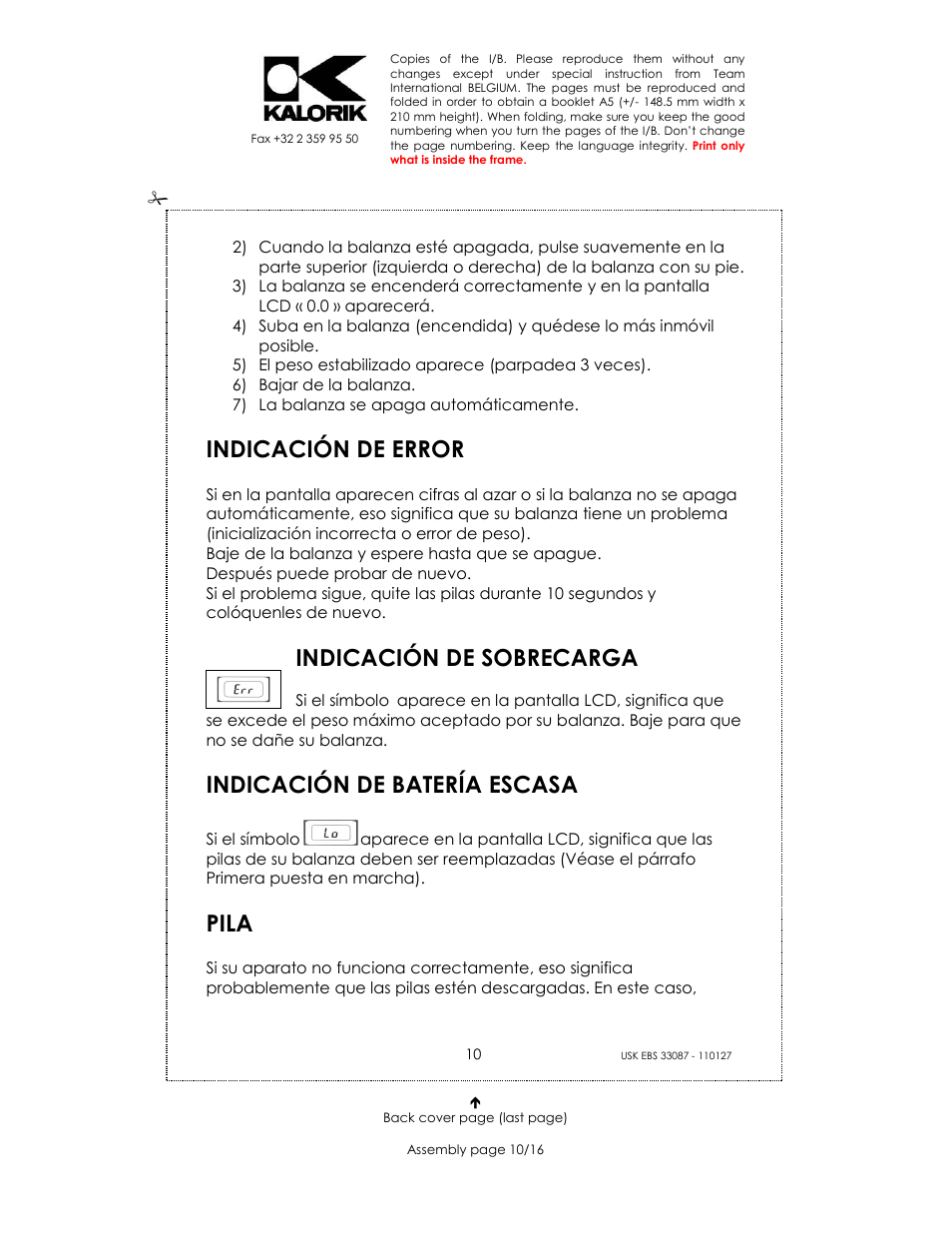 Indicación de error, Indicación de sobrecarga, Indicación de batería escasa | Pila | Kalorik USK EBS 33087 User Manual | Page 10 / 16
