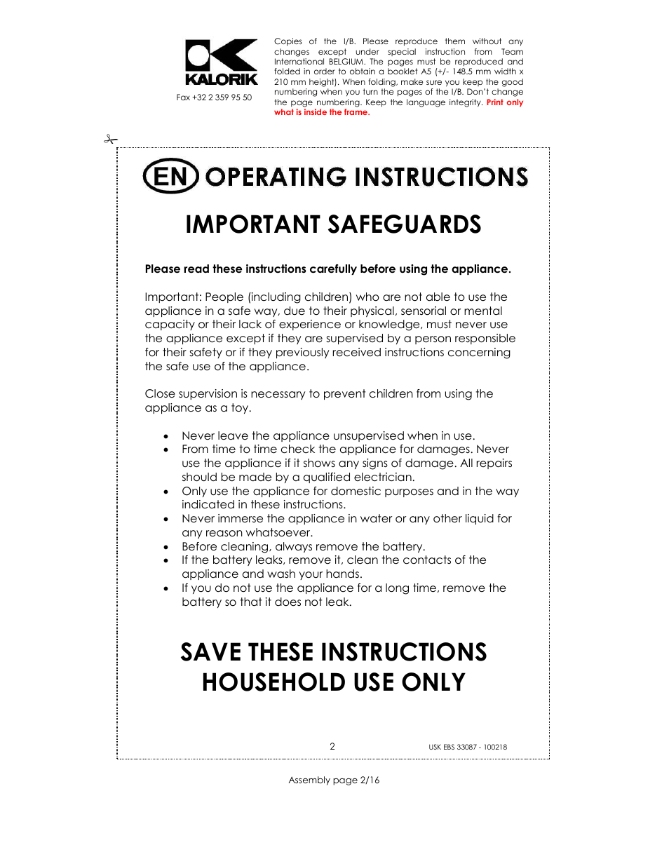 Important safeguards, Save these instructions household use only | Kalorik USK EBS 33087 User Manual | Page 2 / 16