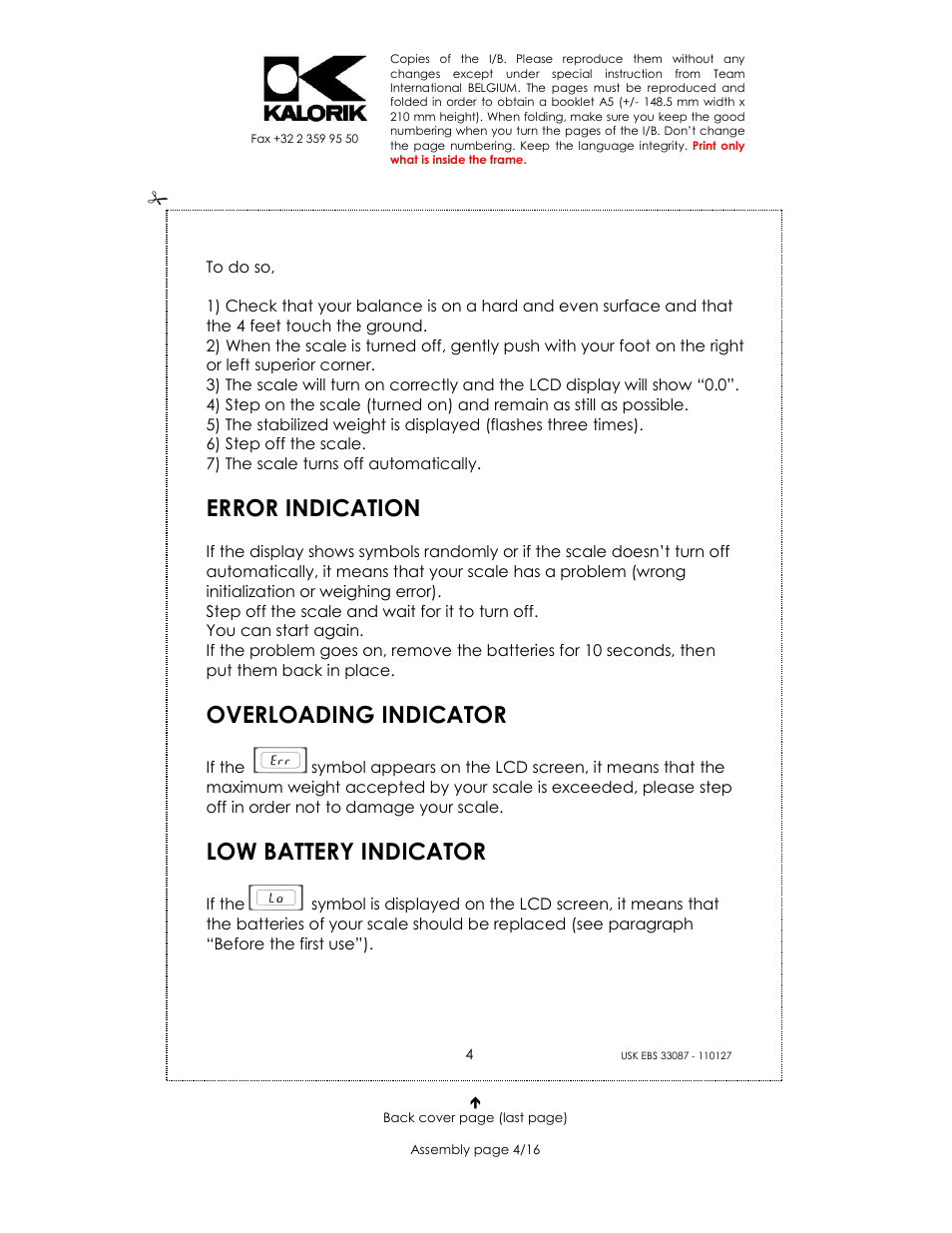 Error indication, Overloading indicator, Low battery indicator | Kalorik USK EBS 33087 User Manual | Page 4 / 16
