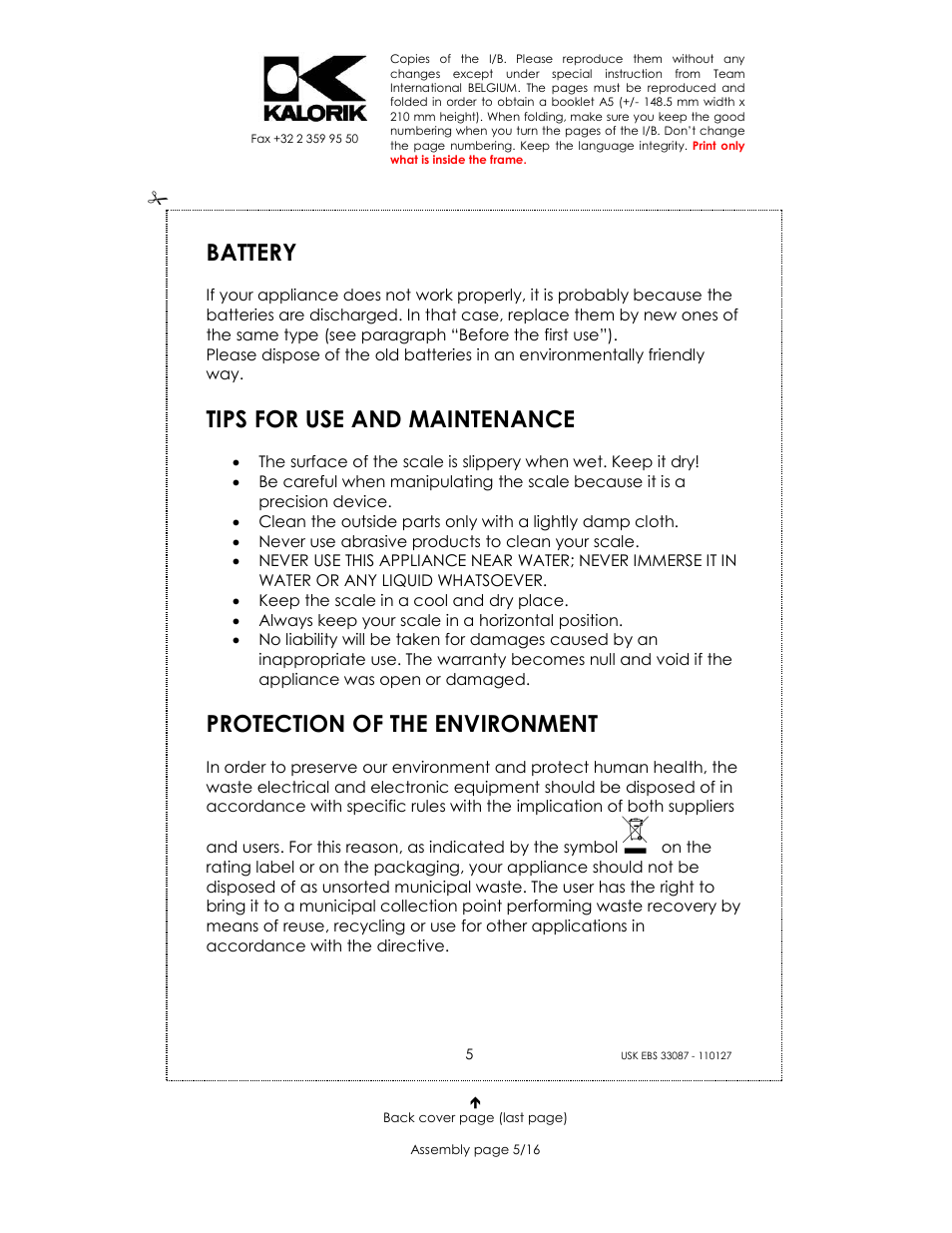 Battery, Tips for use and maintenance, Protection of the environment | Kalorik USK EBS 33087 User Manual | Page 5 / 16