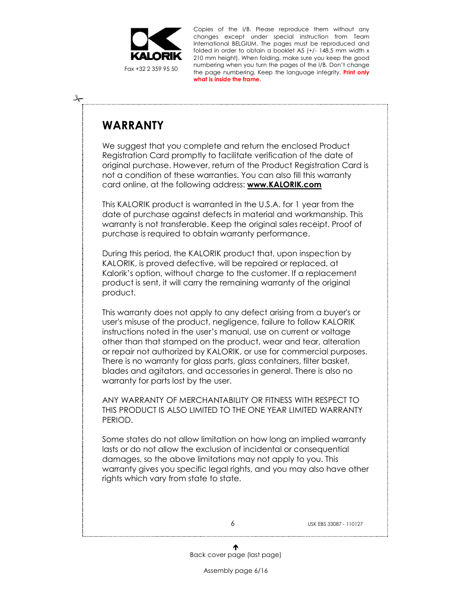 Warranty | Kalorik USK EBS 33087 User Manual | Page 6 / 16