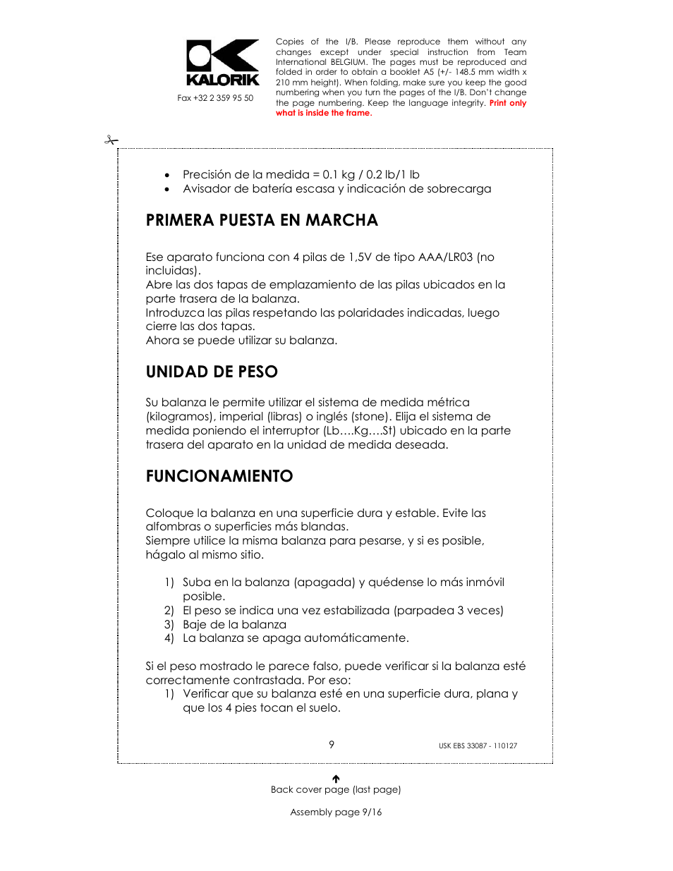 Primera puesta en marcha, Unidad de peso, Funcionamiento | Kalorik USK EBS 33087 User Manual | Page 9 / 16
