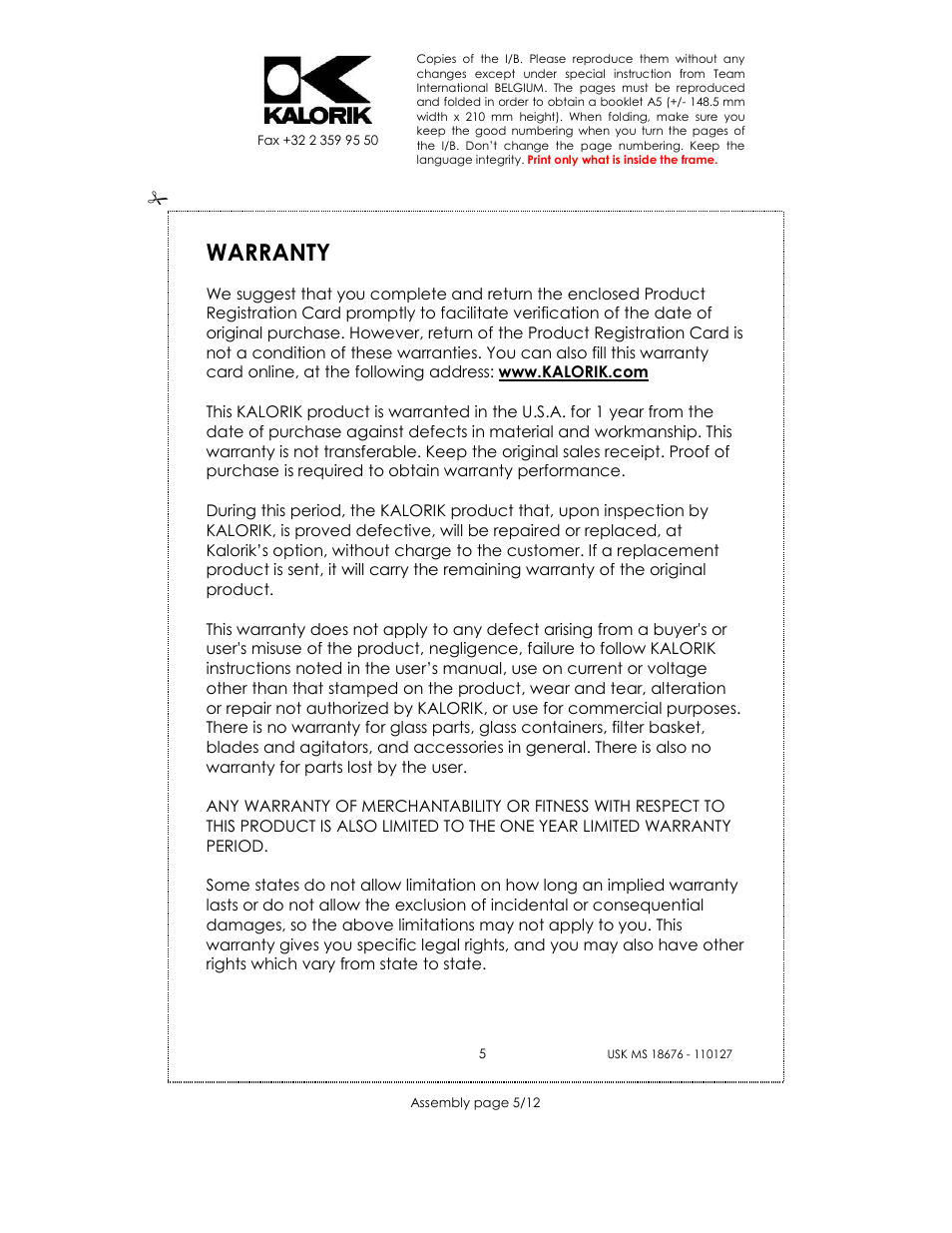 Warranty | Kalorik USK MS 18676 User Manual | Page 5 / 12