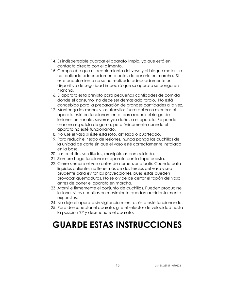 Guarde estas instrucciones | Kalorik USK BL 25161 User Manual | Page 10 / 24