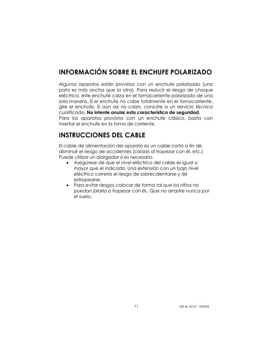 Información sobre el enchufe polarizado, Instrucciones del cable | Kalorik USK BL 25161 User Manual | Page 11 / 24