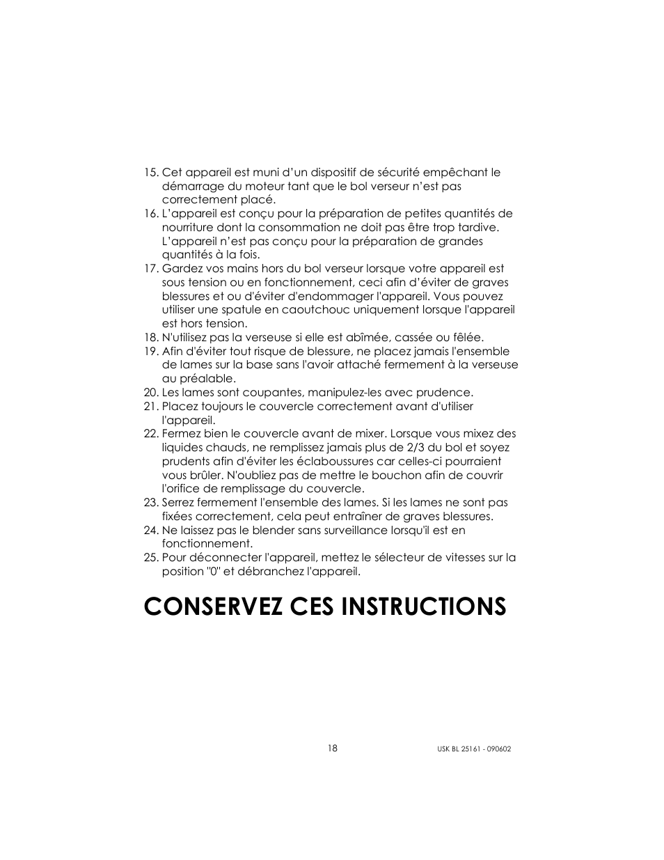 Conservez ces instructions | Kalorik USK BL 25161 User Manual | Page 18 / 24