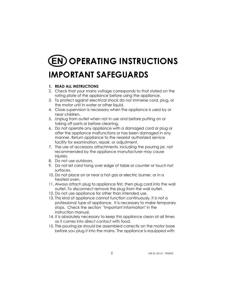 Important safeguards | Kalorik USK BL 25161 User Manual | Page 2 / 24