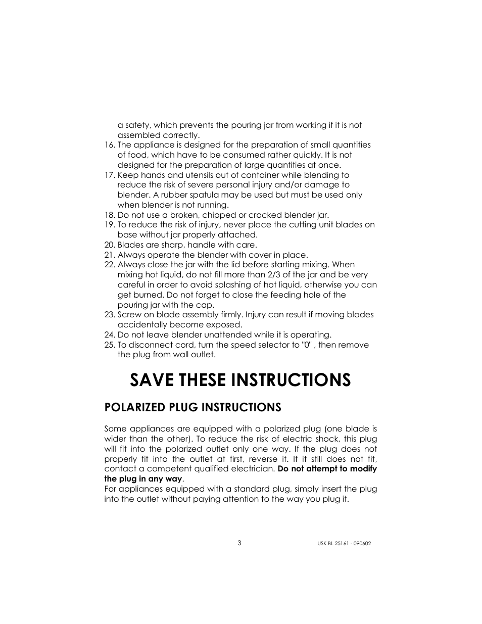 Save these instructions, Polarized plug instructions | Kalorik USK BL 25161 User Manual | Page 3 / 24