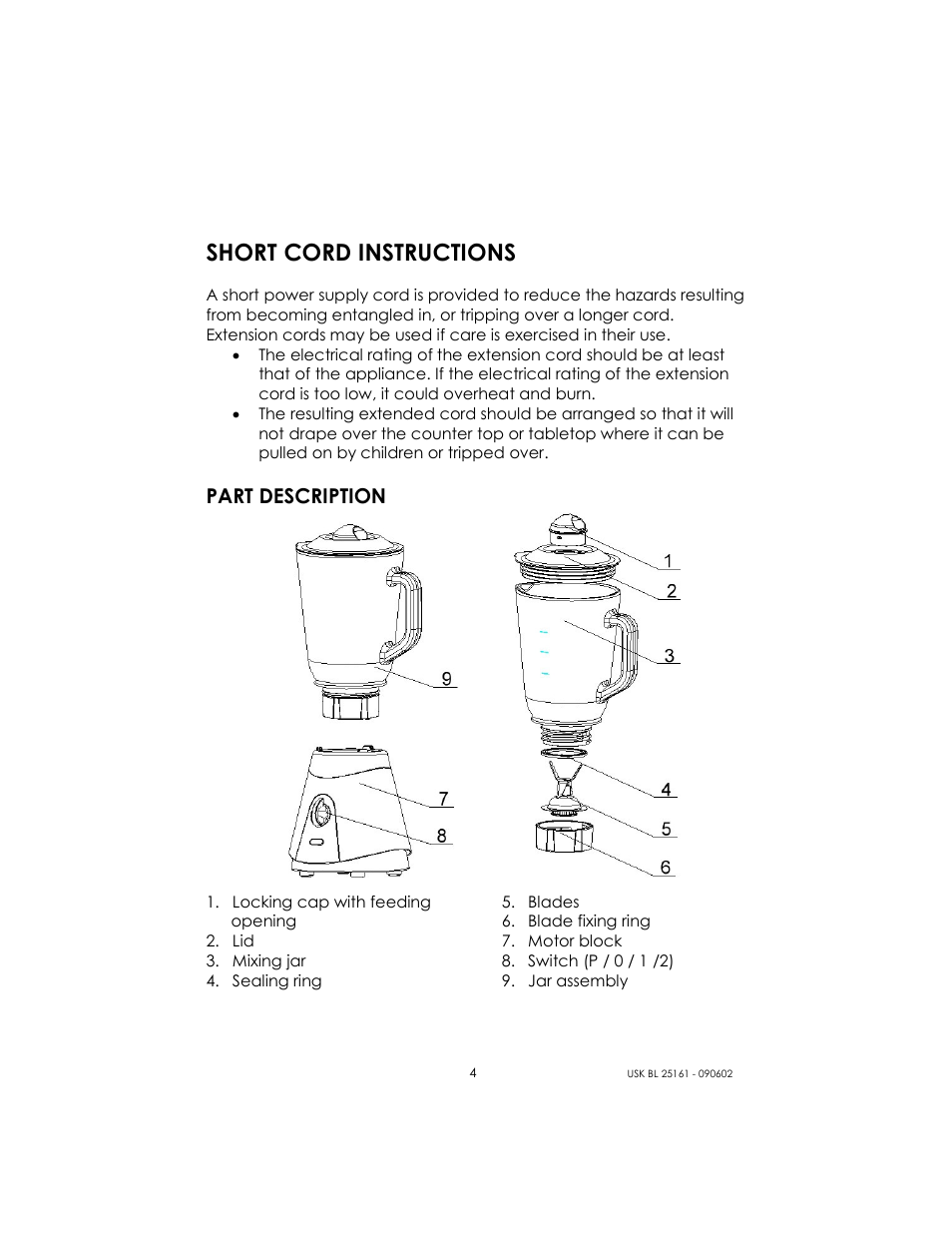 Short cord instructions, Part description | Kalorik USK BL 25161 User Manual | Page 4 / 24