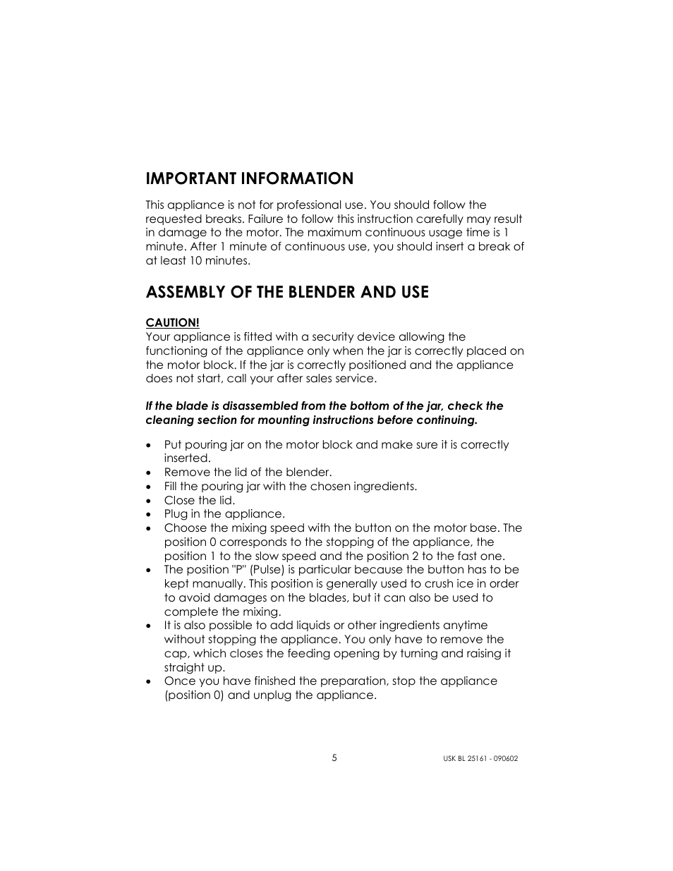 Important information, Assembly of the blender and use | Kalorik USK BL 25161 User Manual | Page 5 / 24