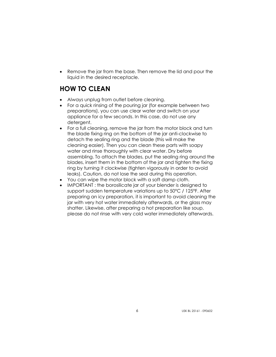 How to clean | Kalorik USK BL 25161 User Manual | Page 6 / 24