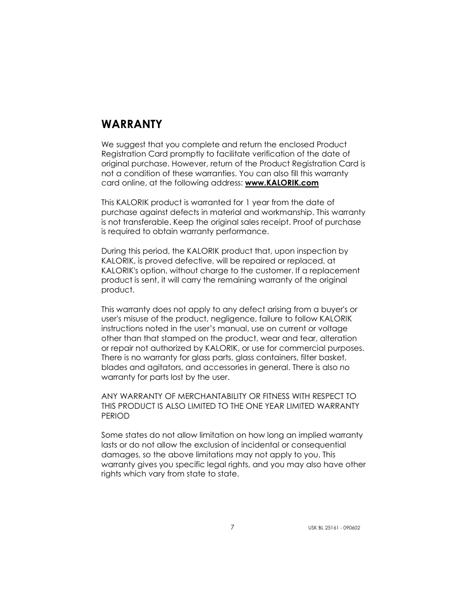 Warranty | Kalorik USK BL 25161 User Manual | Page 7 / 24