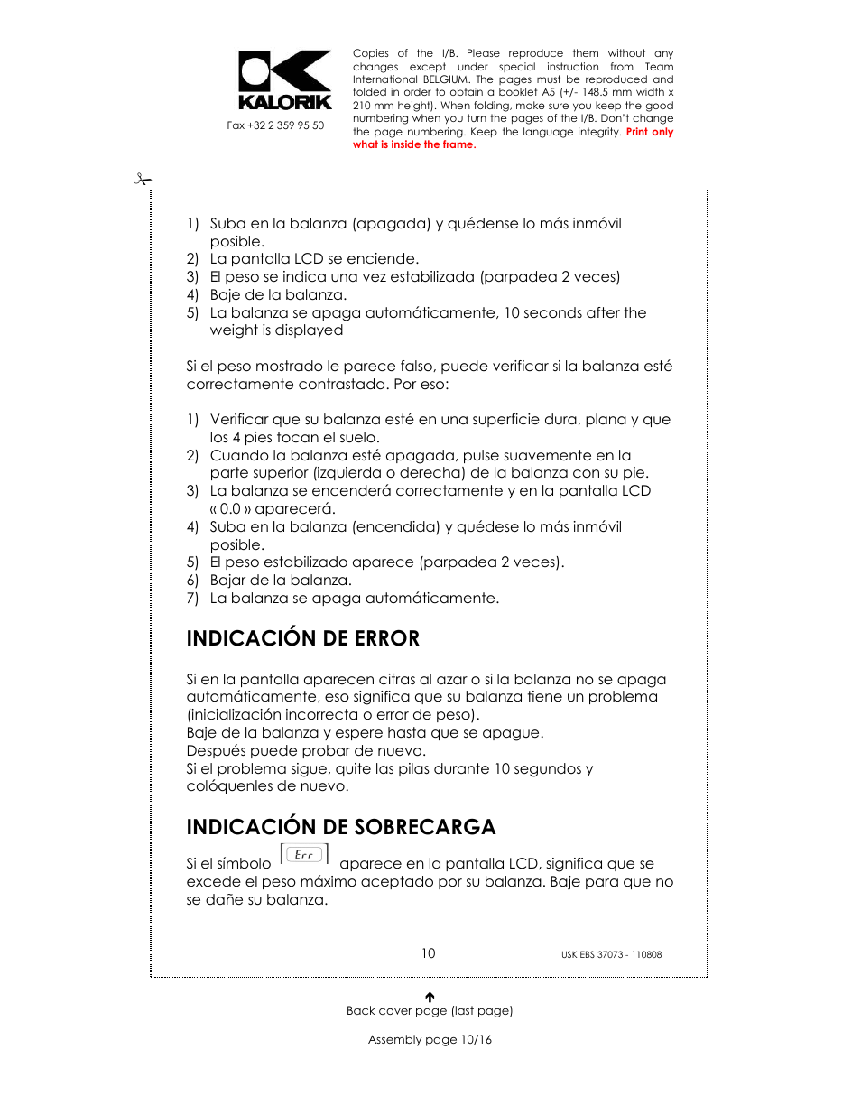 Indicación de error, Indicación de sobrecarga | Kalorik USK EBS 37073 User Manual | Page 10 / 16