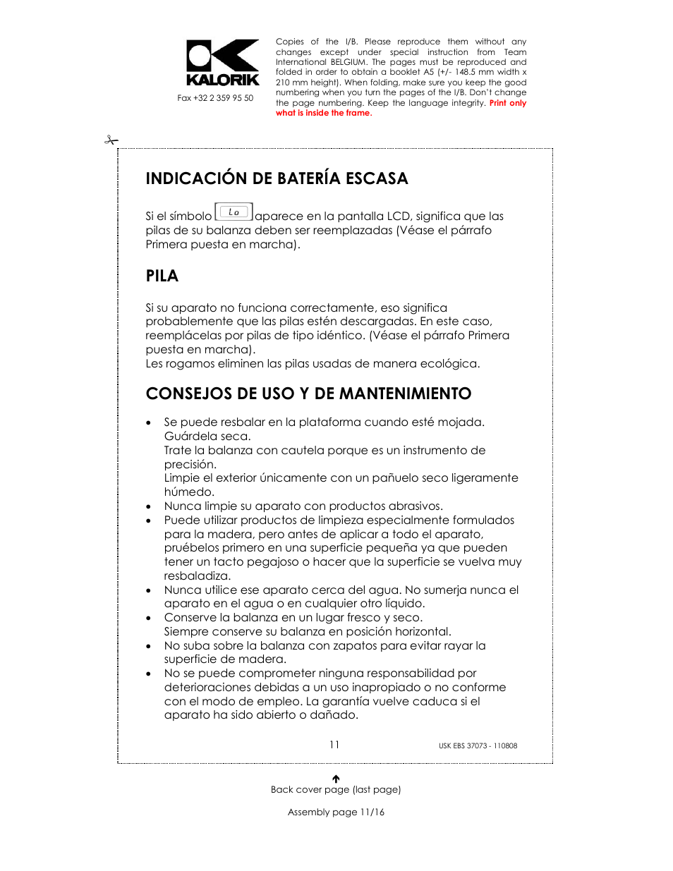 Indicación de batería escasa, Pila, Consejos de uso y de mantenimiento | Kalorik USK EBS 37073 User Manual | Page 11 / 16