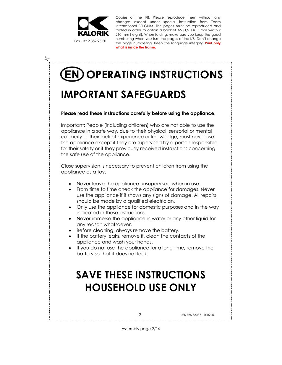 Important safeguards, Save these instructions household use only | Kalorik USK EBS 37073 User Manual | Page 2 / 16