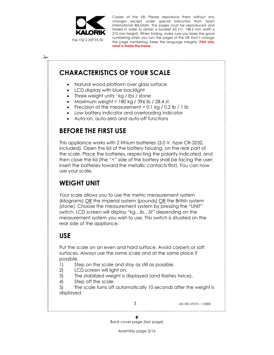 Characteristics of your scale, Before the first use, Weight unit | Kalorik USK EBS 37073 User Manual | Page 3 / 16