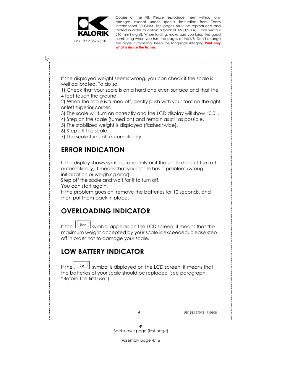 Error indication, Overloading indicator, Low battery indicator | Kalorik USK EBS 37073 User Manual | Page 4 / 16