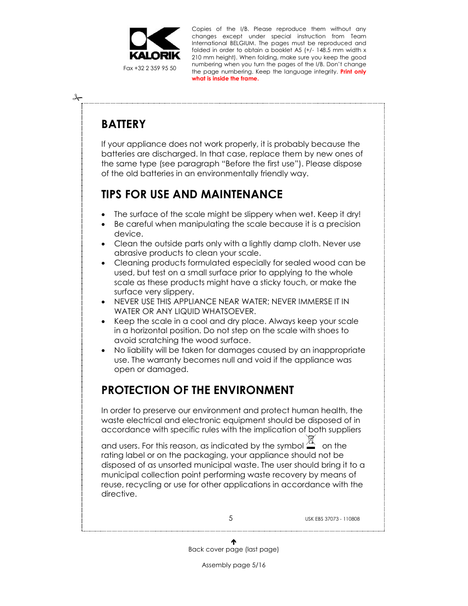 Battery, Tips for use and maintenance, Protection of the environment | Kalorik USK EBS 37073 User Manual | Page 5 / 16