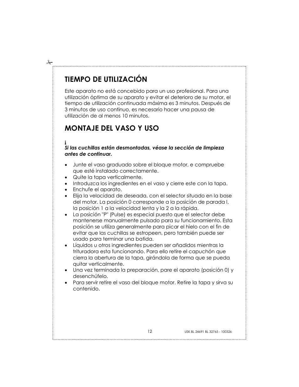 Tiempo de utilización, Montaje del vaso y uso | Kalorik USK BL 24691 User Manual | Page 12 / 24