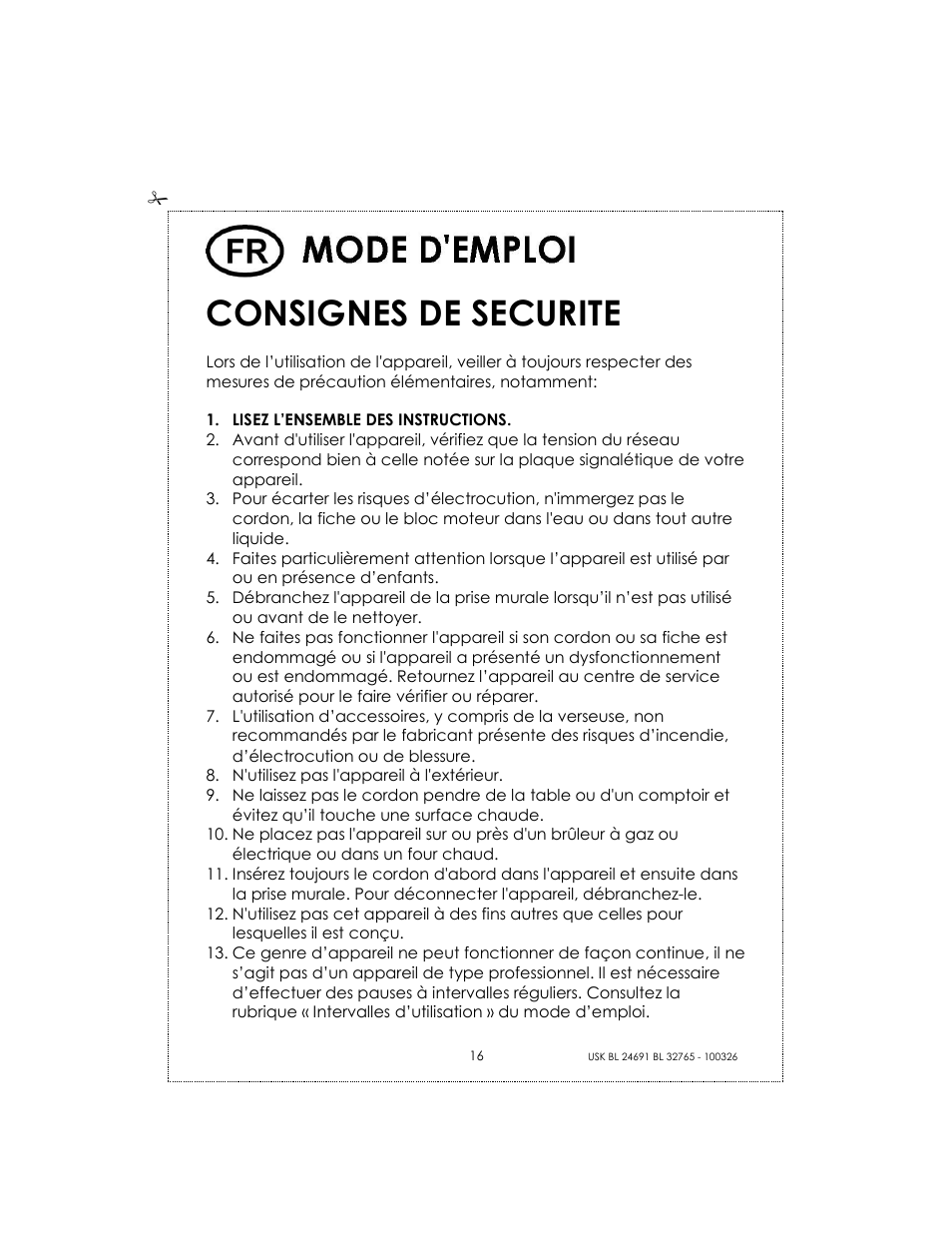 Consignes de securite | Kalorik USK BL 24691 User Manual | Page 16 / 24