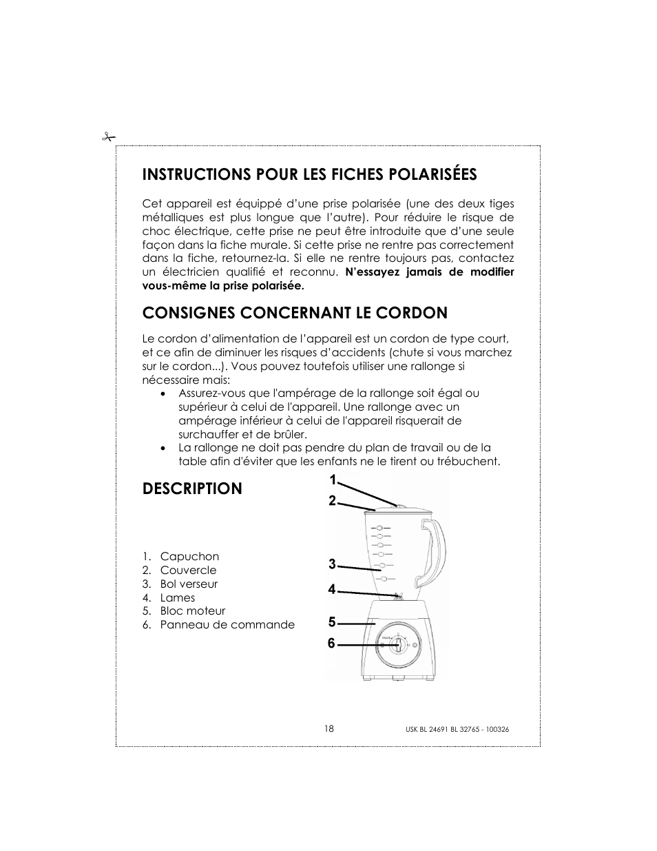 Instructions pour les fiches polarisées, Consignes concernant le cordon, Description | Kalorik USK BL 24691 User Manual | Page 18 / 24