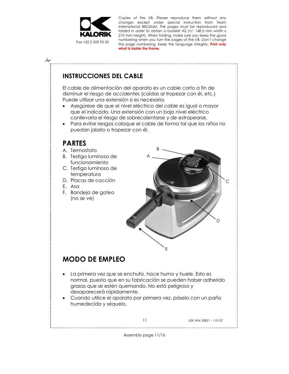 Partes, Modo de empleo, Instrucciones del cable | Kalorik USK WM 30821 User Manual | Page 11 / 16