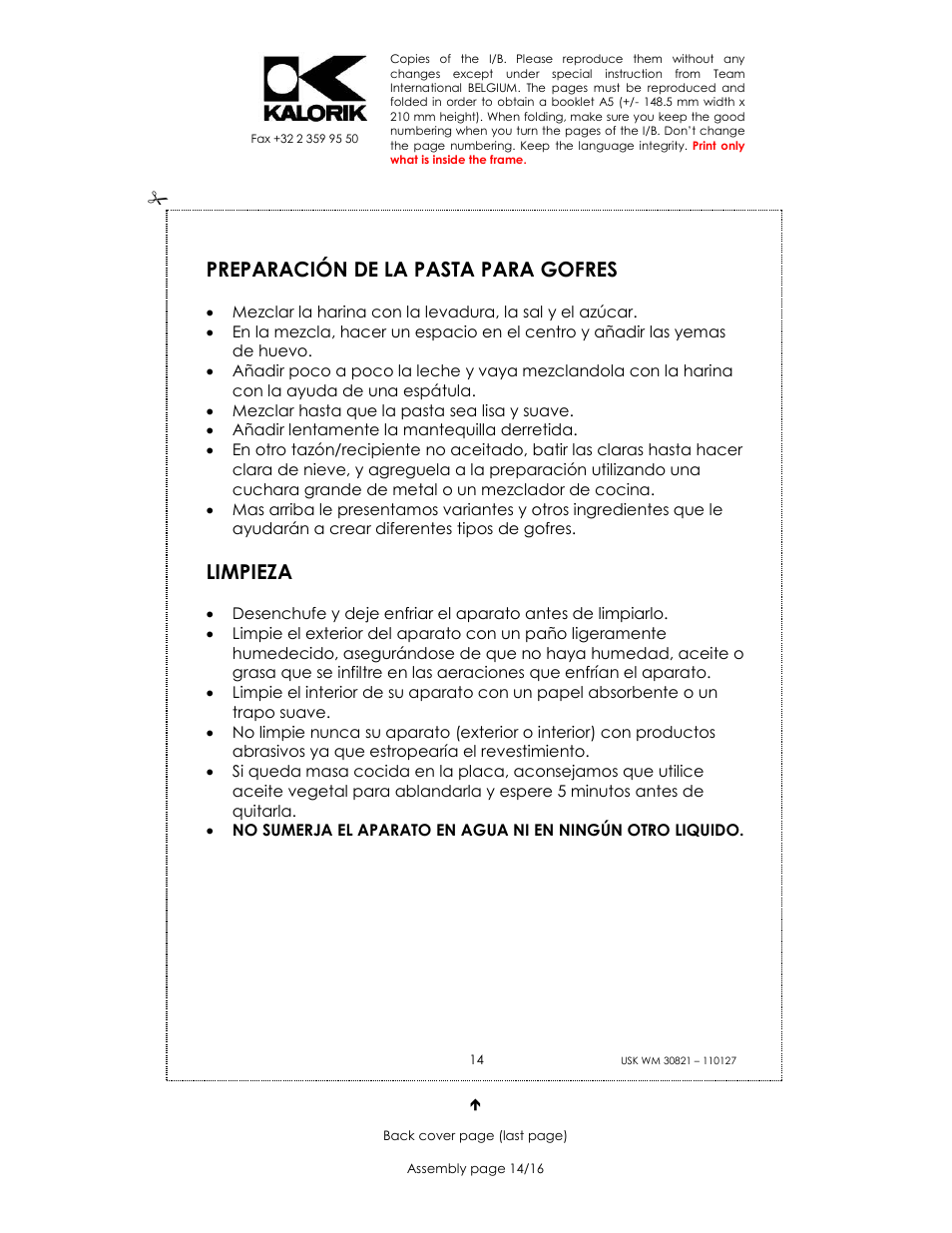 Preparación de la pasta para gofres, Limpieza | Kalorik USK WM 30821 User Manual | Page 14 / 16