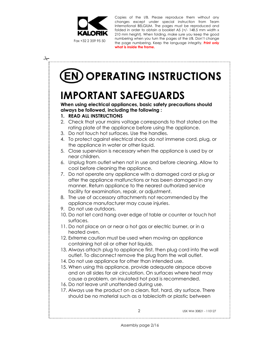 Important safeguards | Kalorik USK WM 30821 User Manual | Page 2 / 16