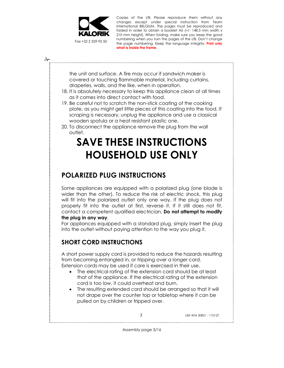 Save these instructions household use only, Polarized plug instructions, Short cord instructions | Kalorik USK WM 30821 User Manual | Page 3 / 16