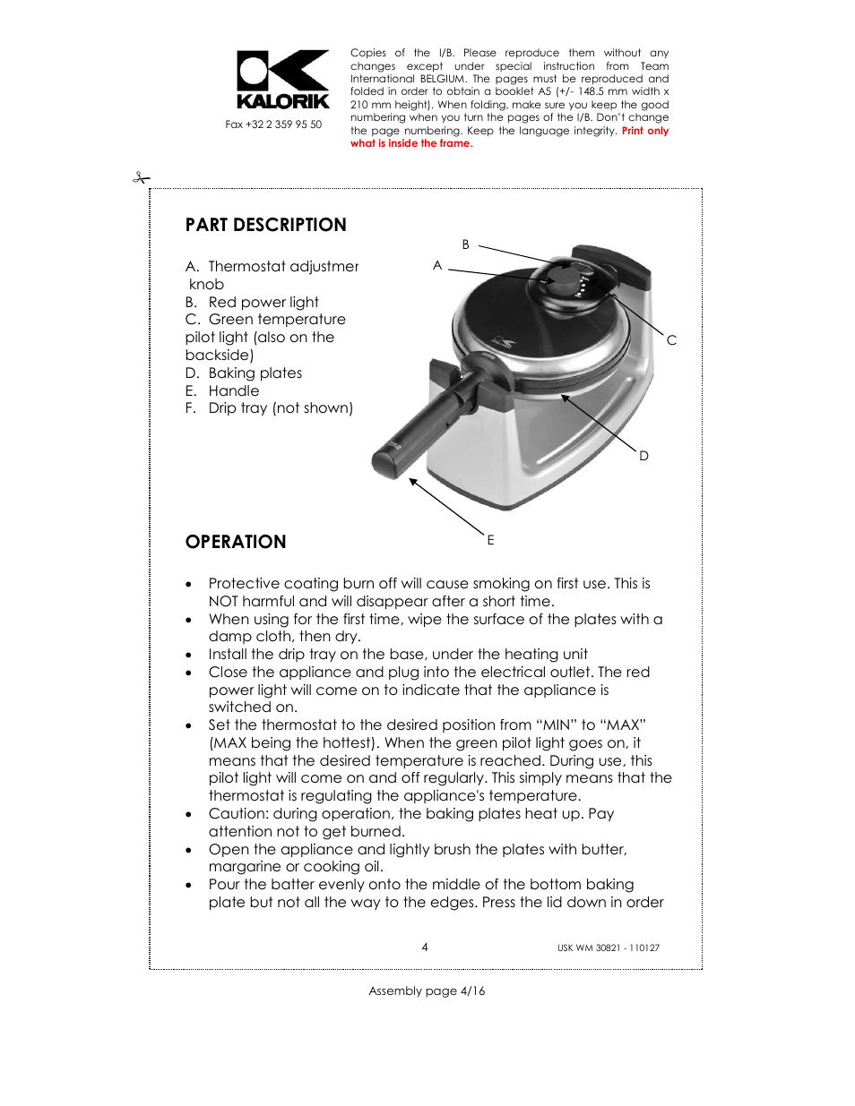 Part description, Operation | Kalorik USK WM 30821 User Manual | Page 4 / 16
