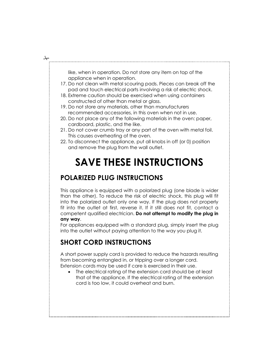 Save these instructions, Polarized plug instructions, Short cord instructions | Kalorik USK OV 32091 User Manual | Page 3 / 12