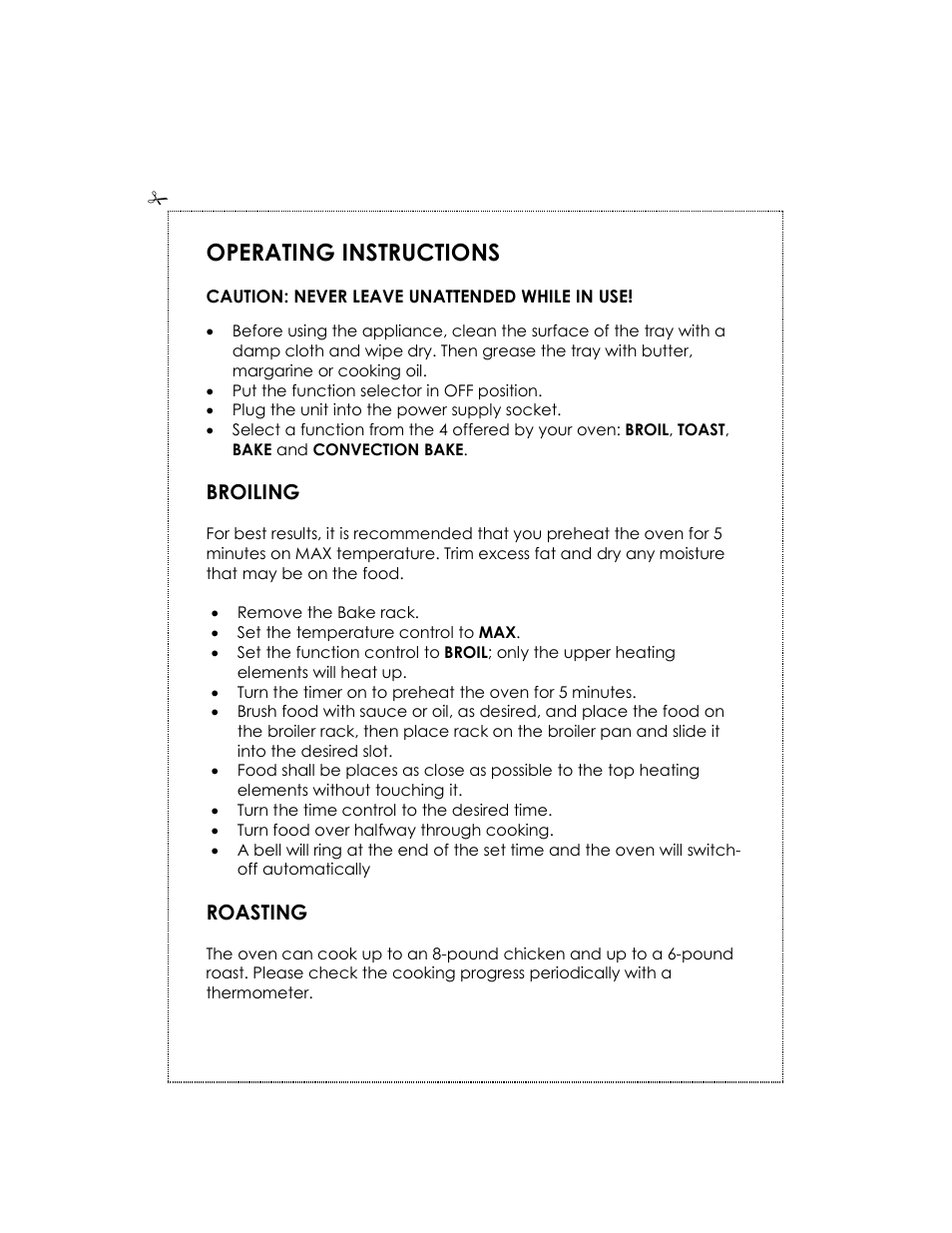 Operating instructions, Broiling, Roasting | Kalorik USK OV 32091 User Manual | Page 6 / 12