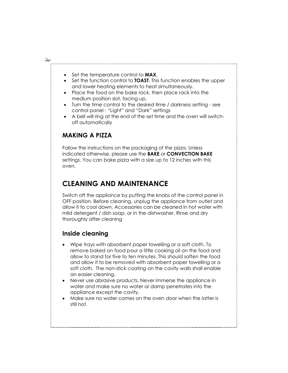 Cleaning and maintenance, Making a pizza, Inside cleaning | Kalorik USK OV 32091 User Manual | Page 8 / 12