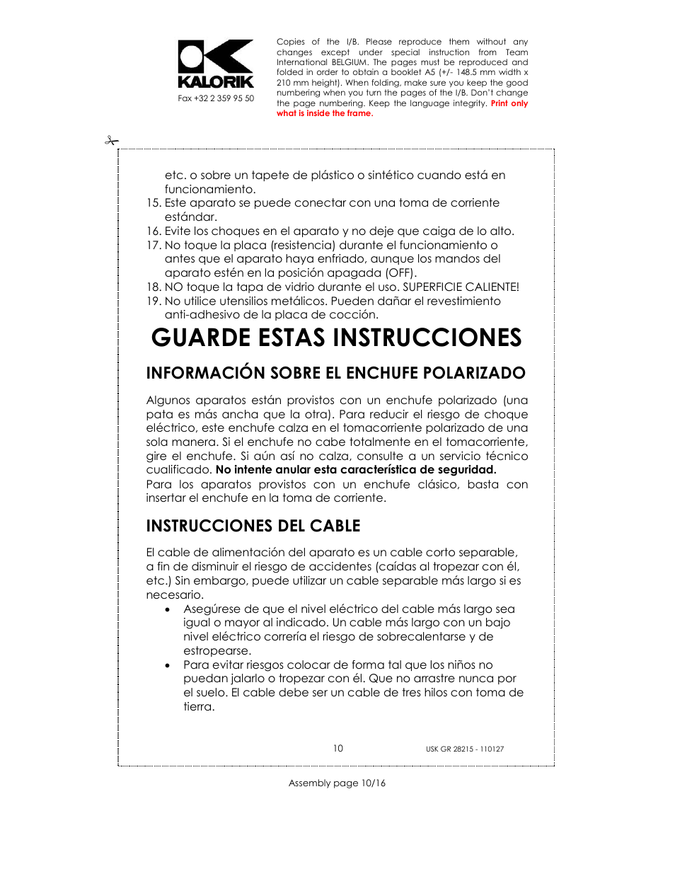 Guarde estas instrucciones, Información sobre el enchufe polarizado, Instrucciones del cable | Kalorik USK GR 28215 User Manual | Page 10 / 16