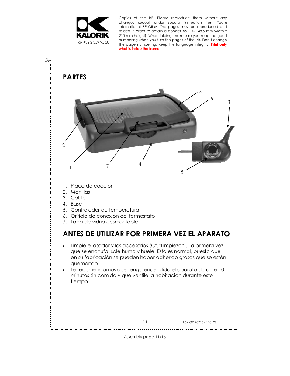 Partes, Antes de utilizar por primera vez el aparato | Kalorik USK GR 28215 User Manual | Page 11 / 16