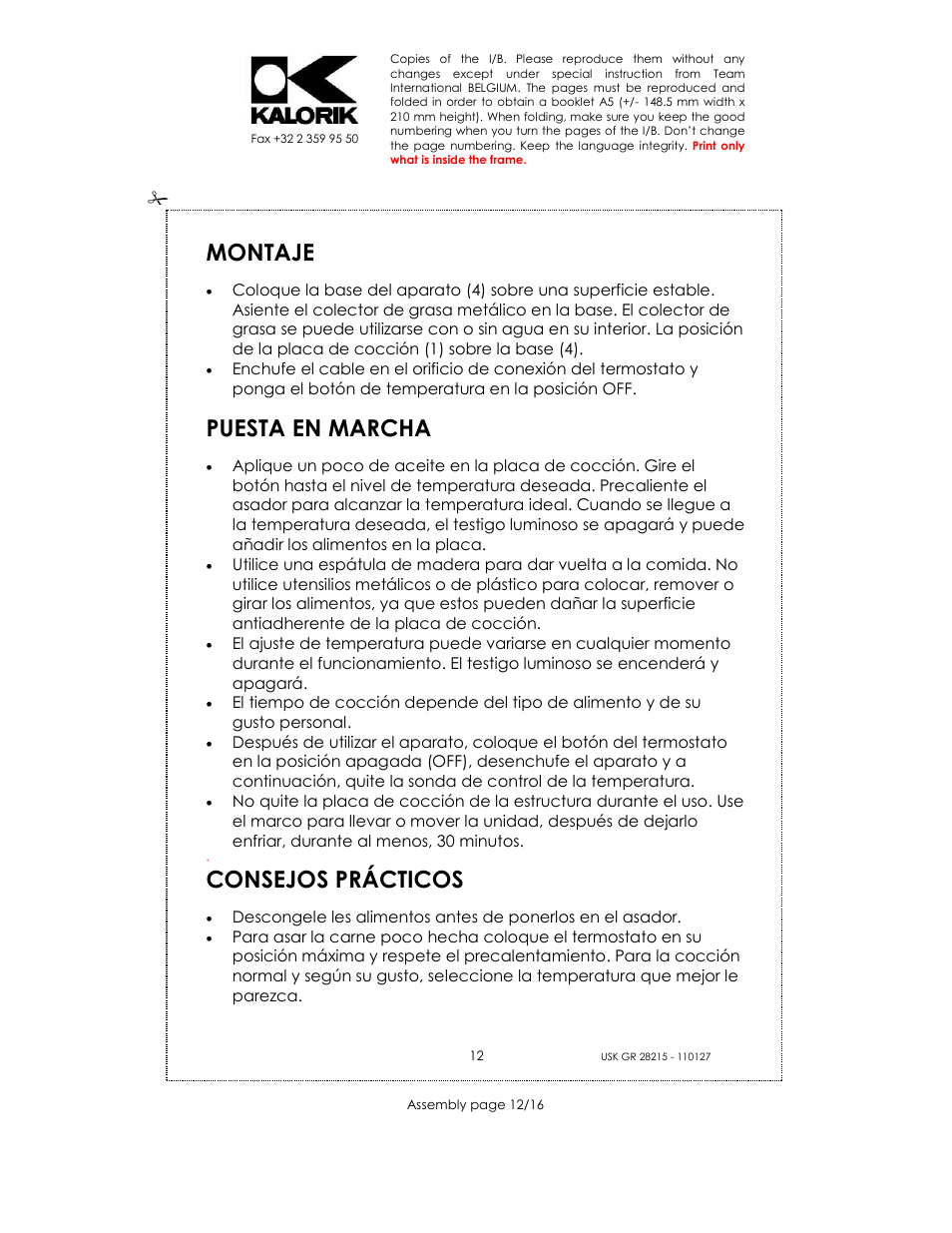 Montaje, Puesta en marcha, Consejos prácticos | Kalorik USK GR 28215 User Manual | Page 12 / 16