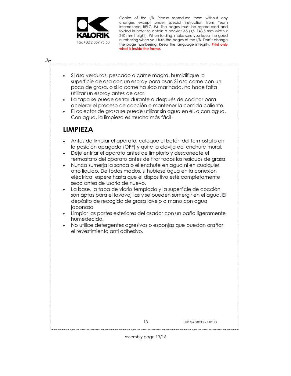 Limpieza | Kalorik USK GR 28215 User Manual | Page 13 / 16