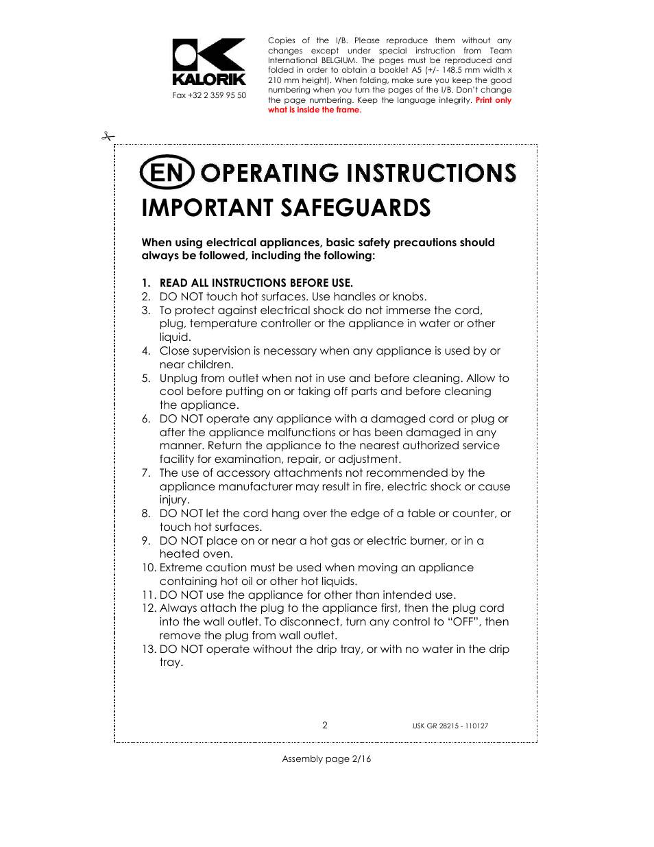 Important safeguards | Kalorik USK GR 28215 User Manual | Page 2 / 16